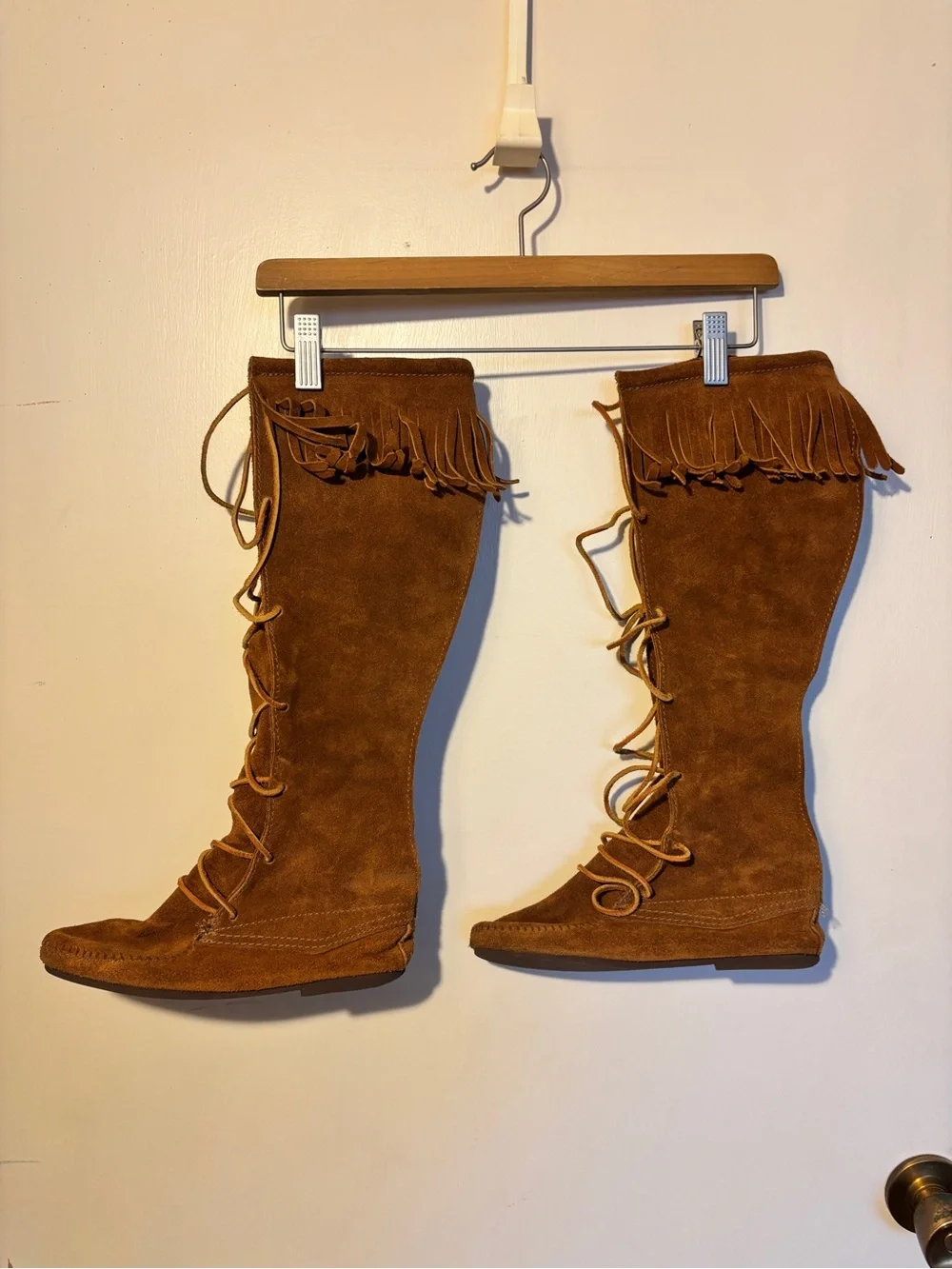 Minnetonka Chestnut Suede Fringe Lace-Up Over-The-Knee Boots